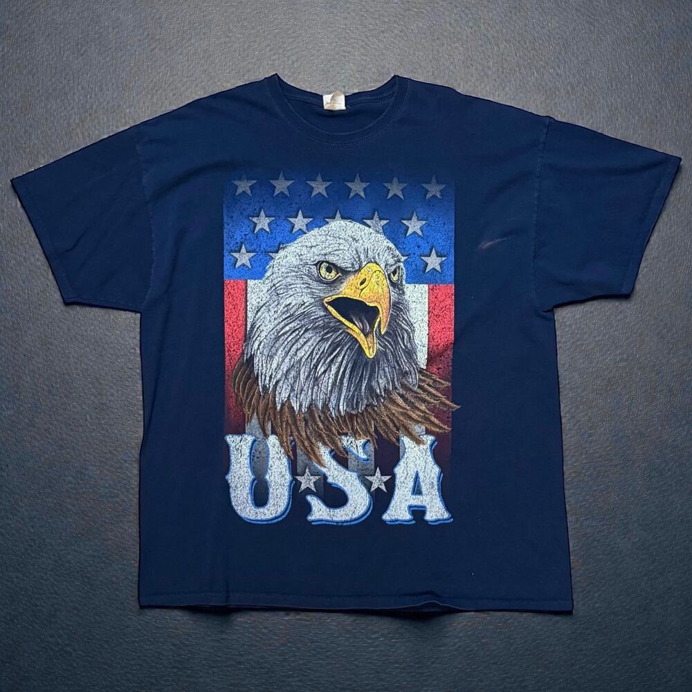 Retro USA Eagle Head T-Shirt Mens US Flag Navy Graphic Tee Fruit of the Loom 2XL